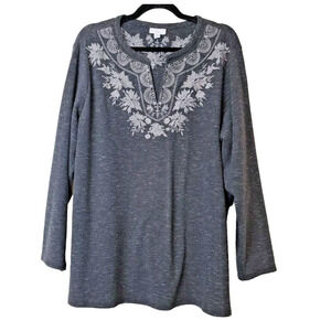 J Jill 2X Plus Size Waffle Knit Thermal Long Sleeve Top EMBROIDERY *flaw* Gray‎